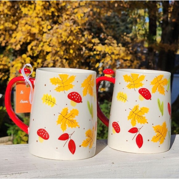 Lang Autumnal Ceramic Coffee Mug Set of 2 Mushrooms And Leaves Hand Painted 16oz - Picture 3 of 14